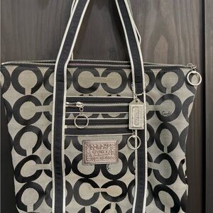 Coach Black & Gray Signature Canvas Tote with Silver Hardware
